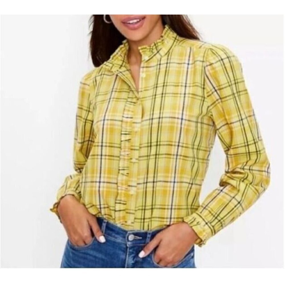 LOFT Top Womens Large Ruffle Trim Plaid Bright Long Sleeve Yellow Cotton Modal